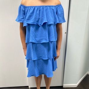 Off the Shoulder Blue Ruffle Dress
